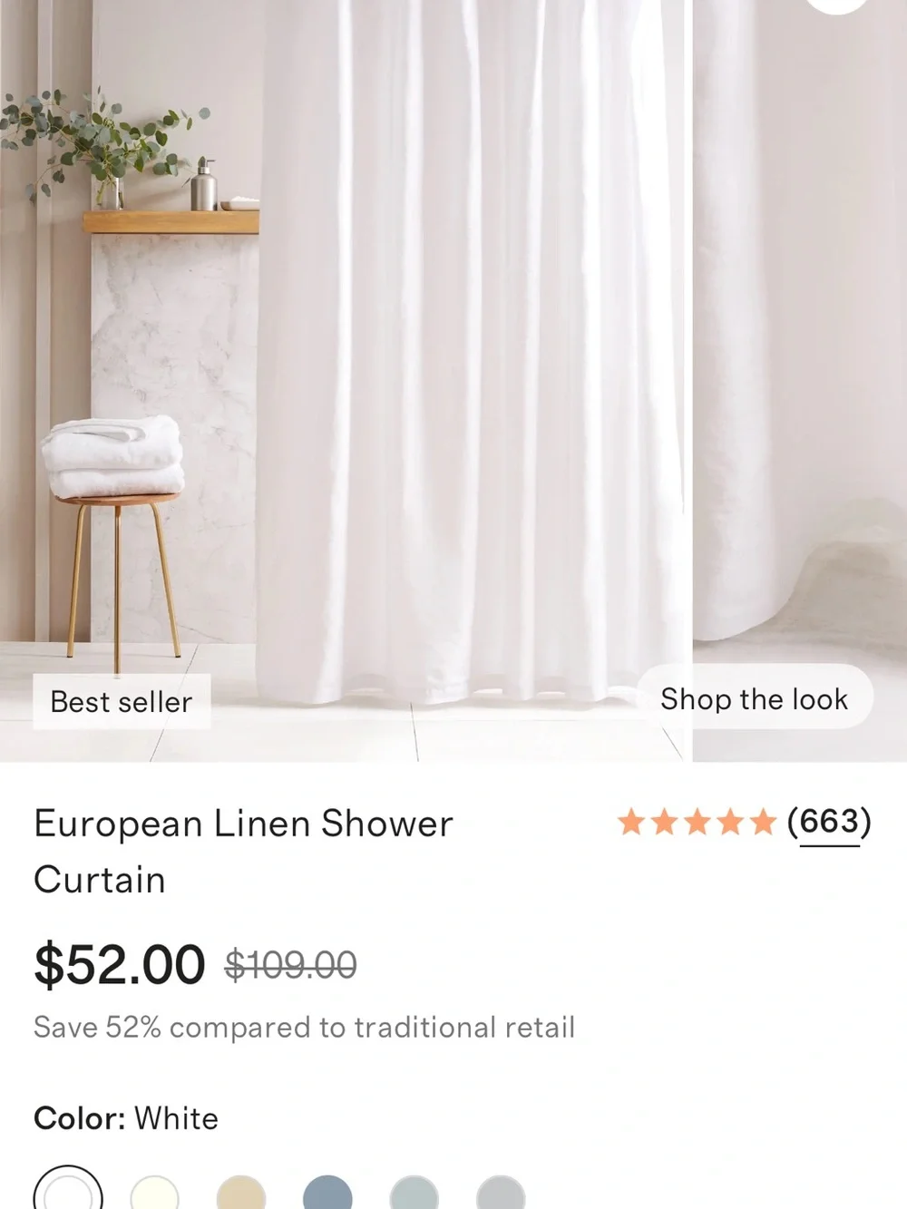 European Linen Soft White Shower Curtain 72x72 - Retail $52